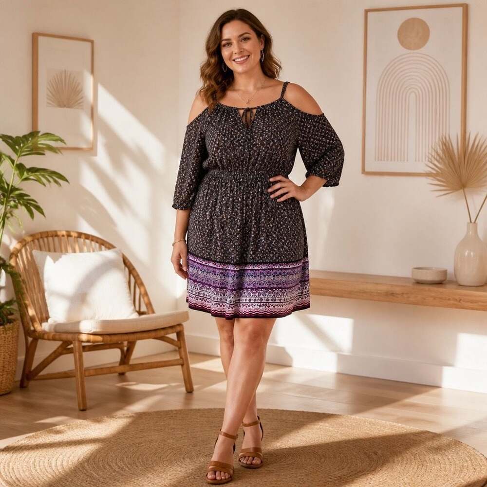 Torrid Multi-Color Border Print Challis Cold Shoulder Skater Dress